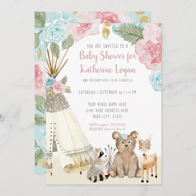 Invitation Bébé Fille Douche Bois Ours Cerf Floral Teepee (Devant / Derrière)