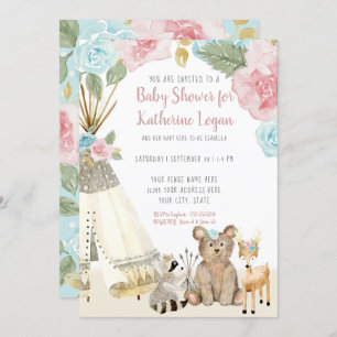Invitation Bébé Fille Douche Bois Ours Cerf Floral Teepee