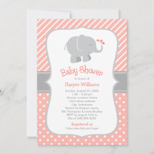 Invitation Bébé Fille Eléphant Corail Moderne Shower