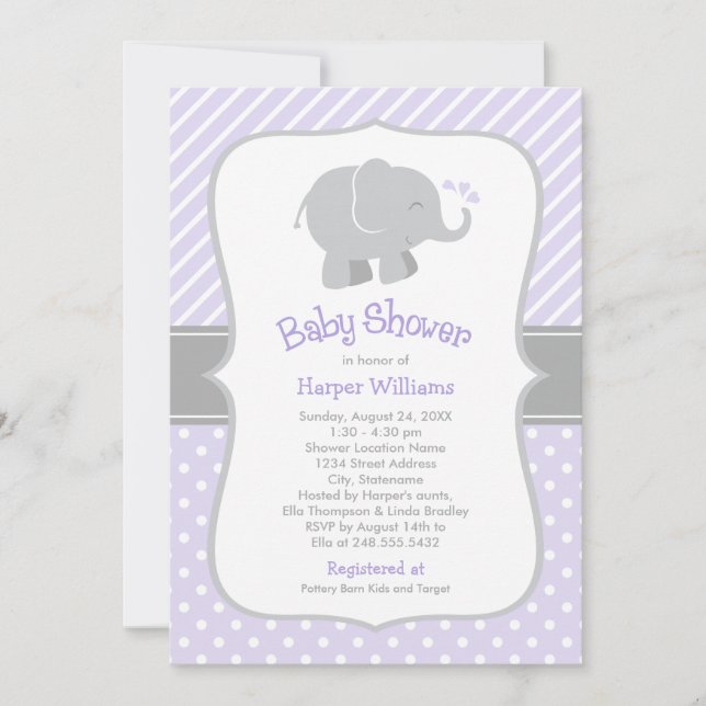 Invitation Bébé Fille Éléphant Violet Moderne Célébration de  (Devant)