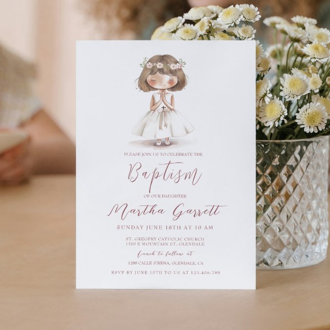 Invitation Bébé fille en robe blanche prier fille Baptême (Créateur téléchargé)