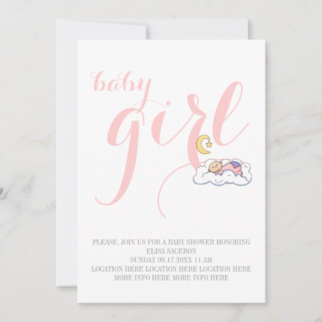 Invitation Bébé fille endormie douche texte élégant rose (Devant)