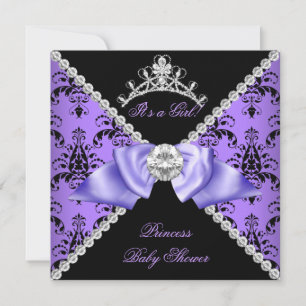 Invitation Bébé Fille Fête de Naissance Damassé Violet Prince