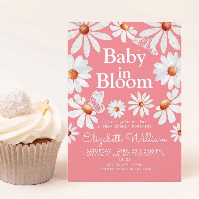 Invitation Bébé Fille Fête de Naissance Fleur d'Eau Rose (Créateur téléchargé)