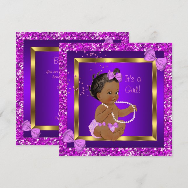 Invitation Bébé Fille Fête de Naissance Paillettes Violet Ros (Devant / Derrière)