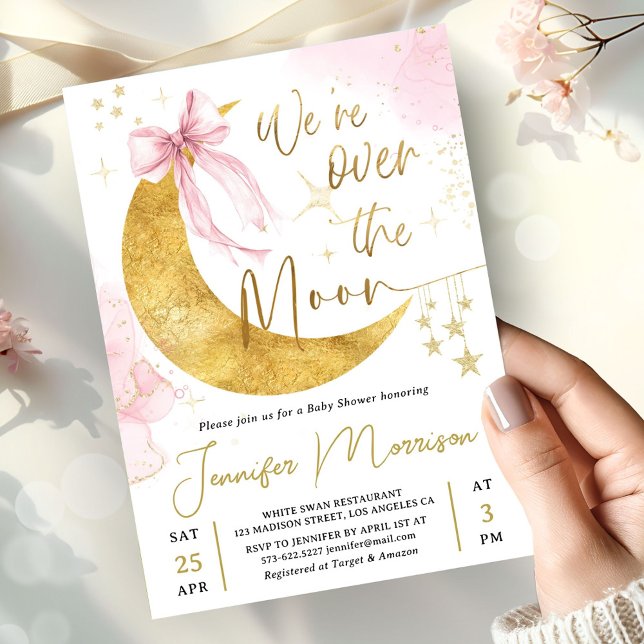 Invitation Bébé Fille Fête de Naissance Rose Gold Lune  (Créateur téléchargé)