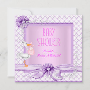 Invitation Bébé Fille Fête Rose Violet Floral