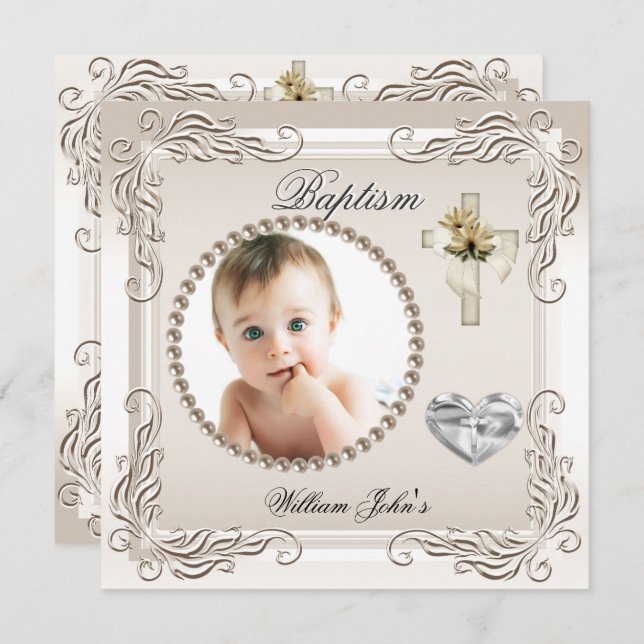 Invitation Bébé Fille Garçon Beige Crème Baptême (Devant / Derrière)