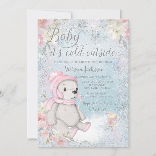Invitation Bébé fille il fait froid dehors Ours Fête prénatal (Devant)
