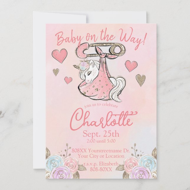 Invitation Bébé fille licorne mignonne (Devant)