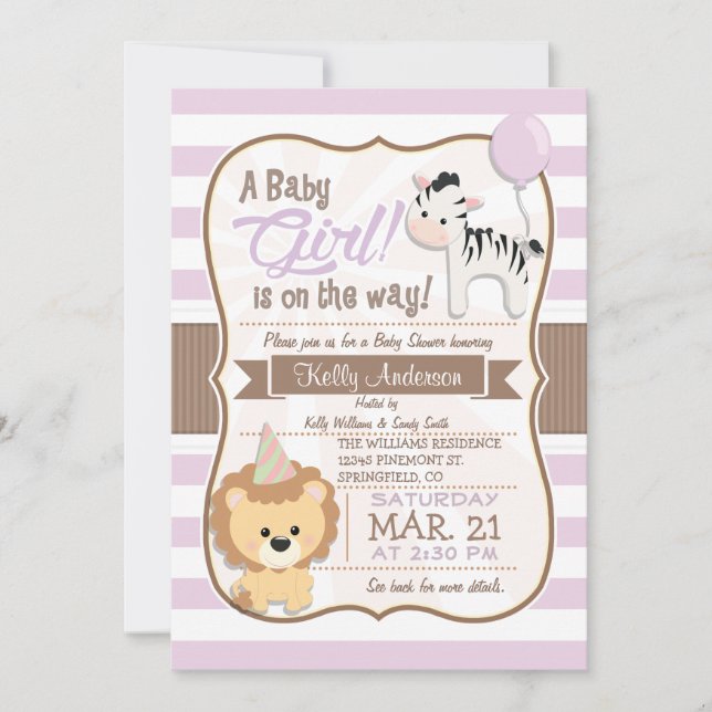 Invitation Bébé Fille Lion & Zebra Pastel Baby shower violet (Devant)