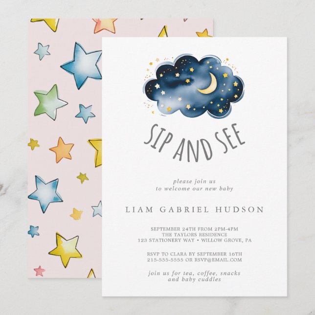 Invitation Bébé Fille Lune et Étoiles Sip and See (Devant / Derrière)