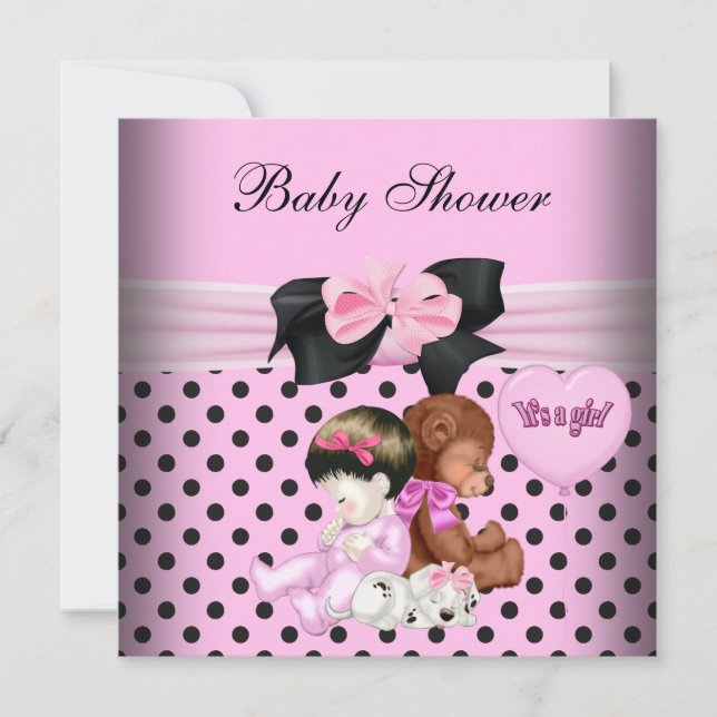 Invitation Bébé Fille Mignonne Baby Shower Rose Noir Points P (Devant)