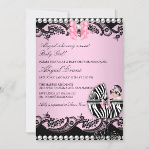 Invitation Bébé Fille Mignonne Zèbre Dentelle & Rubans Baby S