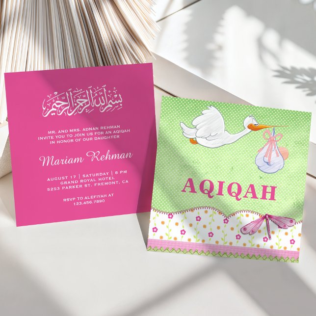 Invitation Bébé Fille Oiseau Mignon Aqiqah (Créateur téléchargé)