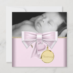 Invitation Bébé fille or rose photo baptême