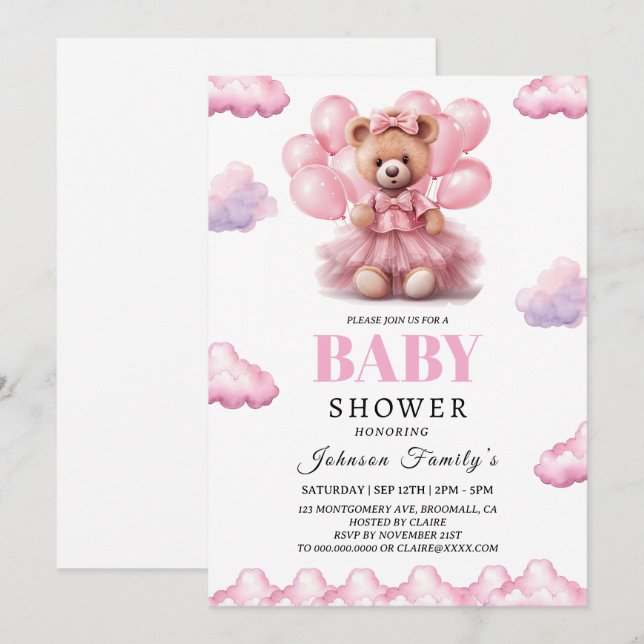 Invitation Bébé fille ours bohème rose Baby shower (Devant / Derrière)