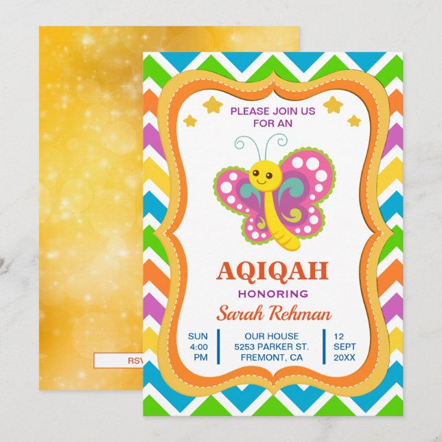 Invitation Bébé Fille Papillon Mignon Aqiqah (Devant / Derrière)
