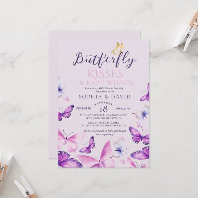 Invitation Bébé Fille Papillon Violet Baby Shower  (Devant/Arrière en situation)