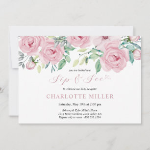 Invitation Bébé Fille Photo Rose Floral Aquarelle Sip and See