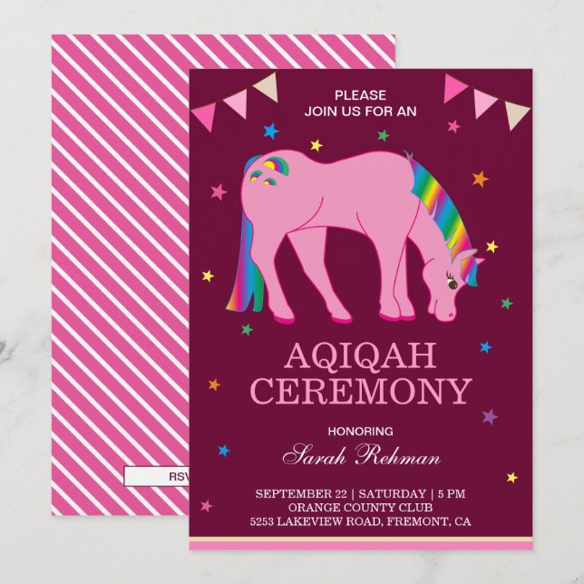 Invitation Bébé Fille Poney Arc-en-Ciel Aqiqah (Devant / Derrière)