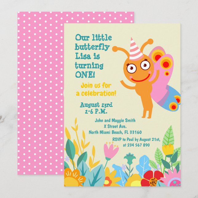 Invitation Bébé fille premier anniversaire papillon fête (Devant / Derrière)