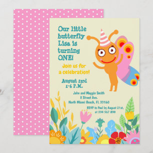 Invitation Bébé fille premier anniversaire papillon fête