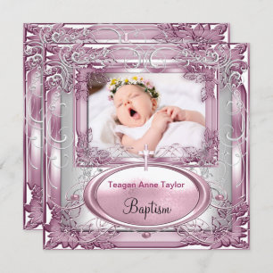 Invitation Bébé Fille rose Christening Baptême Croix blanche