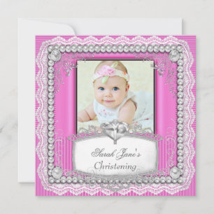 Invitation Bébé Fille Rose Christening Baptême Croix Dentelle
