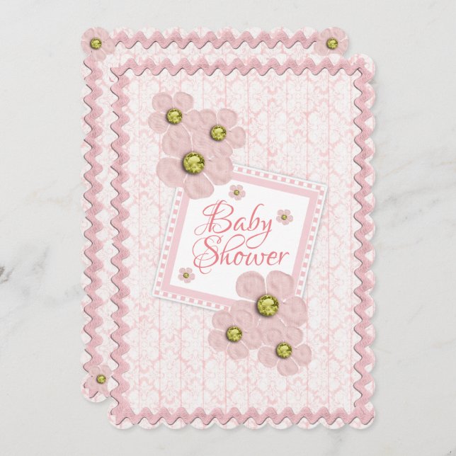 Invitation Bébé Fille rose Floral Damask Baby shower Rick Rac (Devant / Derrière)