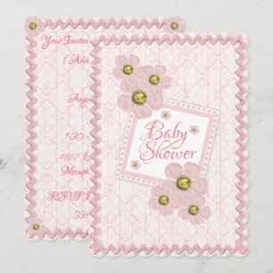 Invitation Bébé Fille rose Floral Damask Baby shower Rick Rac