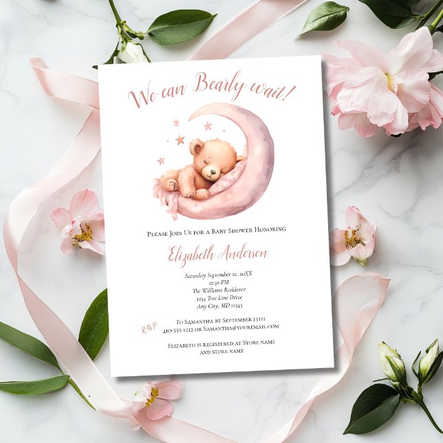 Invitation Bébé Fille rose Ours Lune Baby shower d'attente pr (Pink Baby Girl Baby Shower Invitation Bearly Wait Bear sleeping in moon. Printed or digital download)