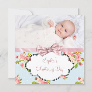 Invitation Bébé Fille Rose Rose Baptême Photo
