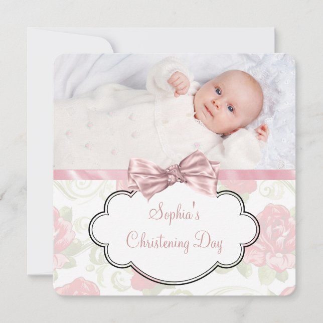 Invitation Bébé Fille Rose Rose Photo Christening (Devant)