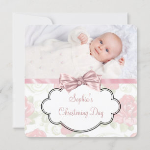 Invitation Bébé Fille Rose Rose Photo Christening