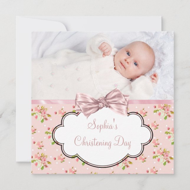 Invitation Bébé Fille Rose Rose Photo Christening (Devant)