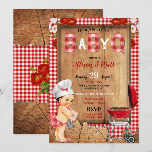Invitation Bébé Fille Rouge Gingham Bois Fleurs Bébé Q Barbec (Devant / Derrière)
