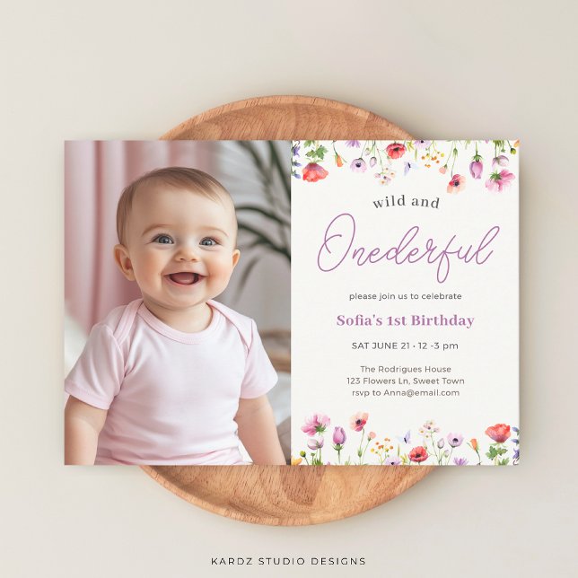 Invitation Bébé Fille Sauvage et superbe 1er anniversaire (Invite shown in 5 x 7 in. Personalize, choose paper, and corner style.)