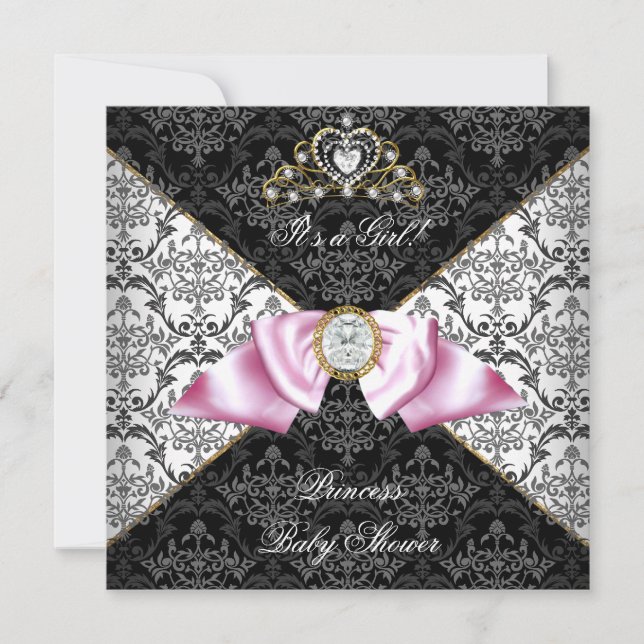 Invitation Bébé Fille Shower Damask Gris Rose Princesse Noire (Devant)
