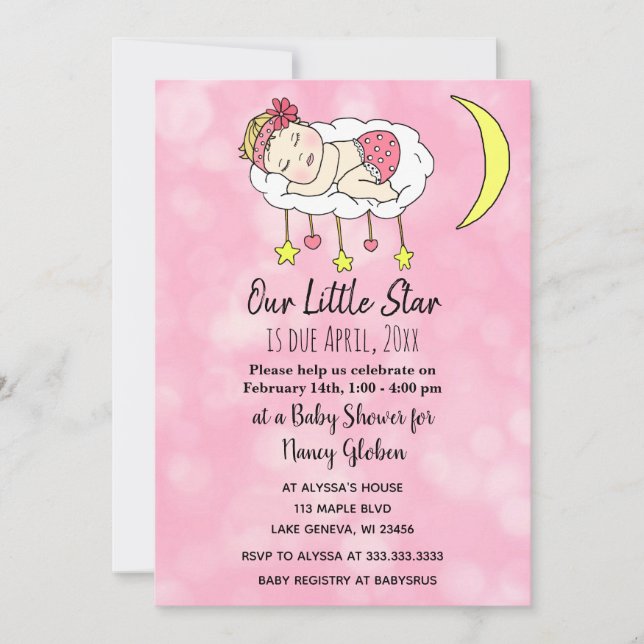 Invitation Bébé fille sur la lune Baby shower fille rose (Devant)