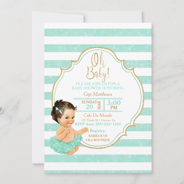 Invitation Bébé fille tutu menthe rayures paillettes or (Devant)