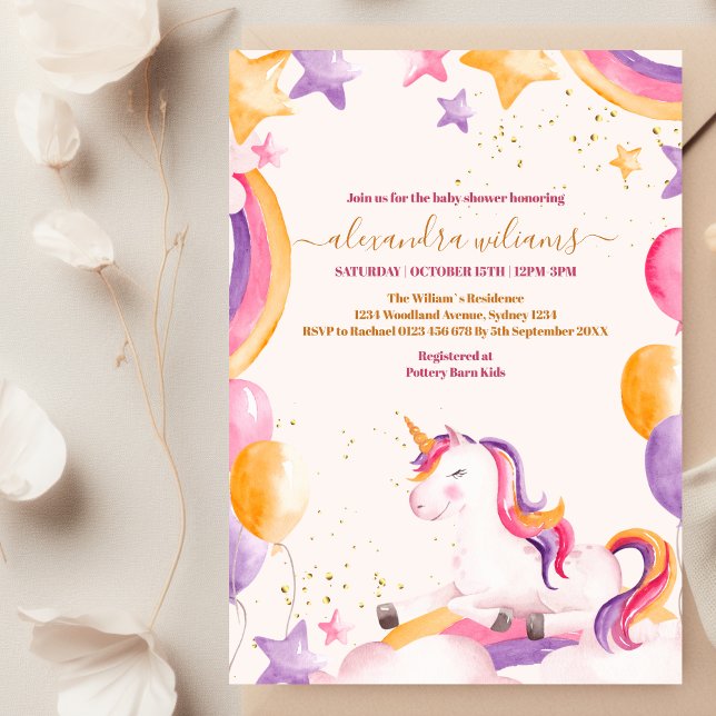 Invitation Bébé fille Unicorn Baby shower de Parties scintill (Créateur téléchargé)