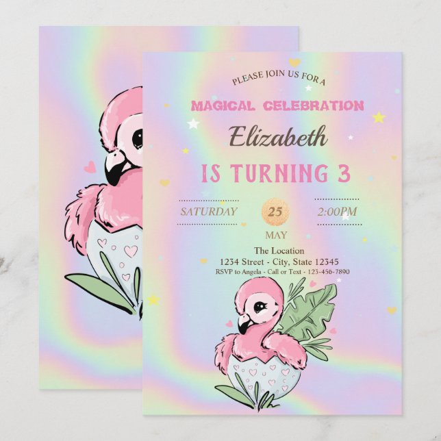 Invitation Bébé Flamant Rose, Anniversaire Holographique (Devant / Derrière)