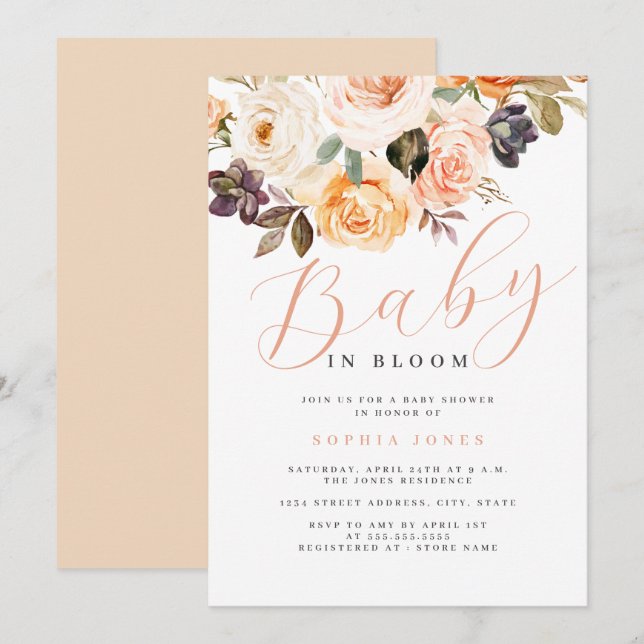 Invitation Bébé Fleur de Pêche en Fleur Baby Shower   (Devant / Derrière)