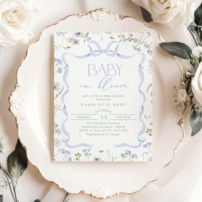Invitation Bébé Fleur sauvage bleu Bow en Fleur Bébé Garçon D (Créateur téléchargé)