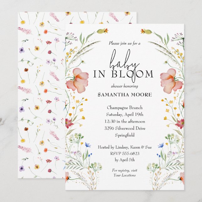Invitation Bébé fleur sauvage dans douche en fleurs (Devant / Derrière)