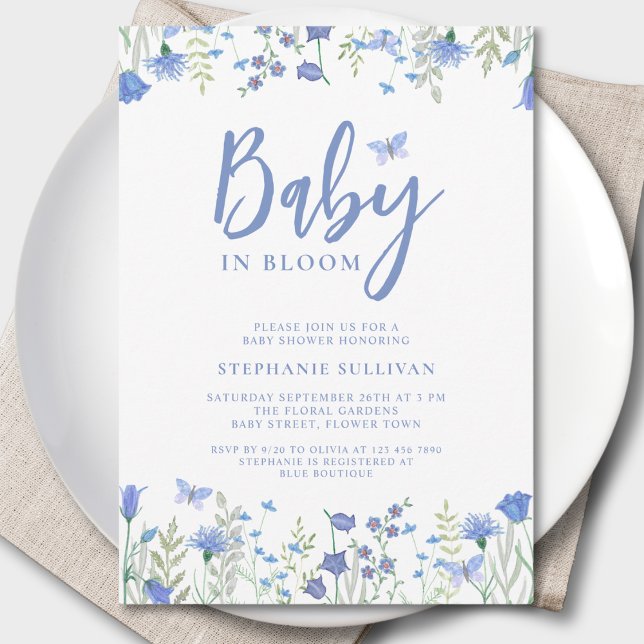Invitation Bébé fleur sauvage dans le Baby shower bleu fleur (Créateur téléchargé)