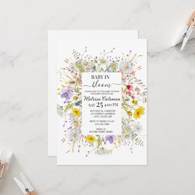 Invitation Bébé Fleur Sauvage en Fleur Baby Shower (Devant/Arrière en situation)