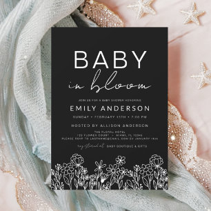 Invitation Bébé fleur sauvage en Fleur Baby shower noir blanc