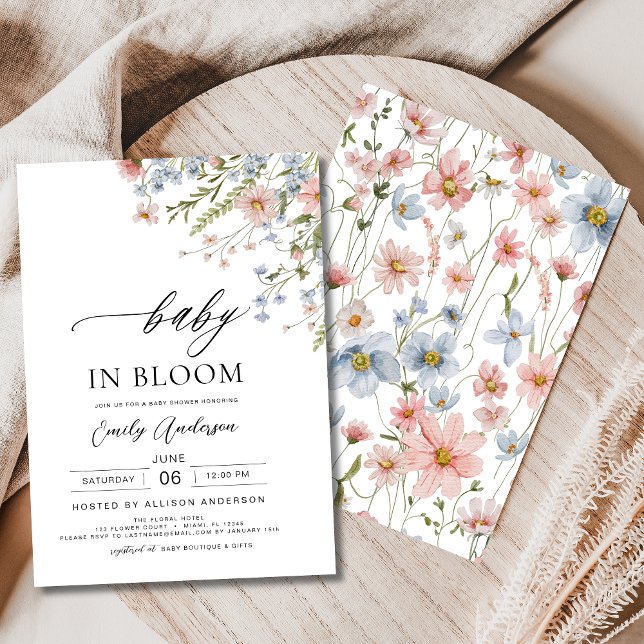 Invitation Bébé fleur sauvage en fleur Baby shower rose bleu (Créateur téléchargé)